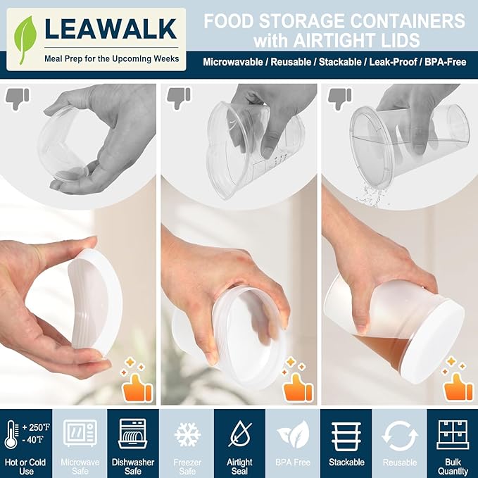 32 oz -12 Pack Reusable Food Freezer Storage Containers with Lids BPA Free, Twist Top Deli Container, Leak Proof, Stackable, Microwave and Dishwasher Safe-Elegant White