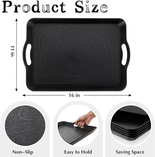 6 Pcs Serving Trays with Handles Trays for Eating 16 x 11 Inch Multi Purpose Plastic Tray Rectangular Anti Skid Decorative Food Tray for Restaurant Breakfast Countertop Party Kitchen (Black)