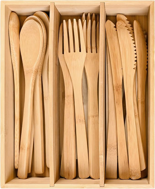 Bamboo Cutlery Reusable with Silverware Organizer, 16Pcs Flatware Set with Bamboo Forks Spoons Knives, Reusable Cutlery with Portable Storage Case for Home and Travel Camping Hiking