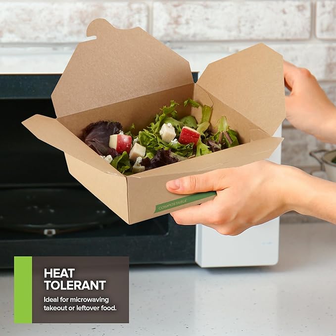 (Set of 50) 45oz Food Compostable Take Out Containers Disposable, Medium Microwaveable Paper To Go Boxes, Grease Resistant Natural Kraft Cardboard Lunch Box, Takeout, Biodegradable, Eco-Friendly