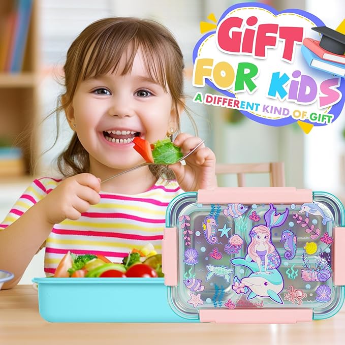 Stainless Steel Bento Lunch Box for Kids, 710ml/23.5oz BPA-Free Leak-Proof Food Containers with 3 Compartments, Back to School Students Daycare Lunches Snack Container Size for Ages 3-7