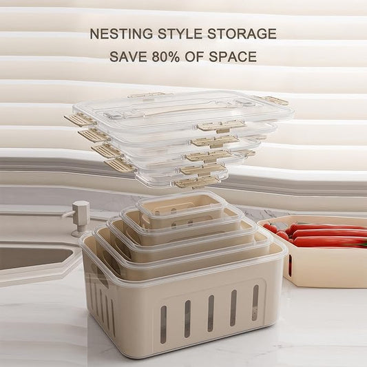 5PC-SET XX-Large Size Food Storage Container Set - Microwave & Dishwasher Safe, Airtight, Fruit and Vegetable box, BPA-Free, Double Drain Basket, Kitchen Fridge Stackable Storage for Freshness