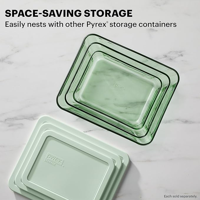 Pyrex Colors (2-Pack) Tinted Glass Large Rectangular Food Storage Container Set, Snug Fit Non-Toxic Plastic BPA-Free Lids, Freezer Dishwasher Microwave Safe, 6 Cup & 11 Cup, Green