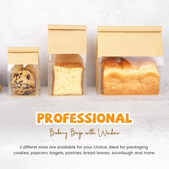 100 Pack Bread Bags for Homemade Sourdough Bread, 8.7x4.3x11 Inches Tin Tie Tab Lock Large Bakery Bag with Window Kraft Paper Packaging Bags for Gifting & Bake Sale