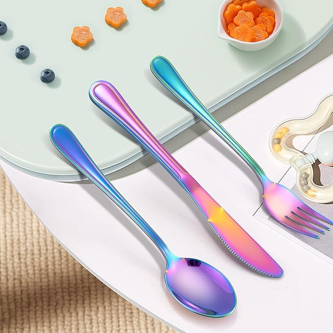 LIANYU 12-Piece Rainbow Kids Silverware Set, Stainless Steel Toddler Utensils Flatware Set, Child Cutlery Tableware for 4, Include knife Fork Spoon, Mirror Finished, Dishwasher Safe