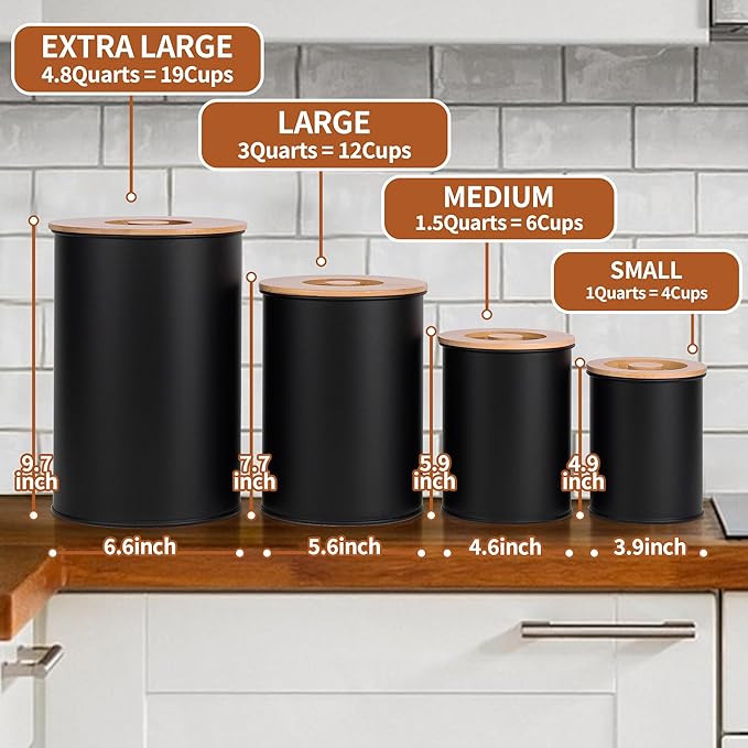 Canisters Sets for Kitchen Countertop, Black Metal Kitchen Canisters Set of 4, Flour and Sugar Storage Containers with Airtight Bamboo Lid and Stickers, Coffee and Tea Storage, Farmhouse Decor
