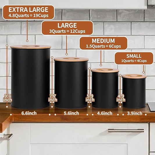 Canisters Sets for Kitchen Countertop, Black Metal Kitchen Canisters Set of 4, Flour and Sugar Storage Containers with Airtight Bamboo Lid and Stickers, Coffee and Tea Storage, Farmhouse Decor