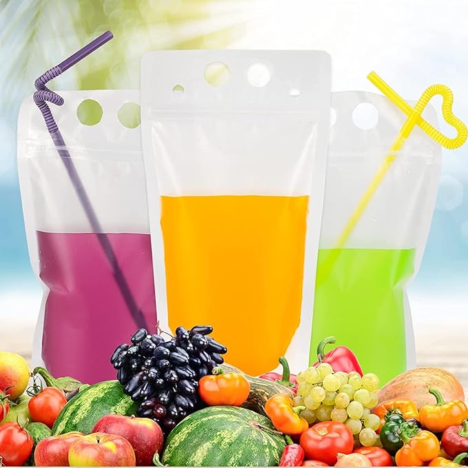 100Pcs double zip pouches drink Bags with 100 Straws,&30 Popsicle Bags Heavy-duty Handheld Foldable Ice Beverage Bags for Smoothies, Cold & Hot Drinks