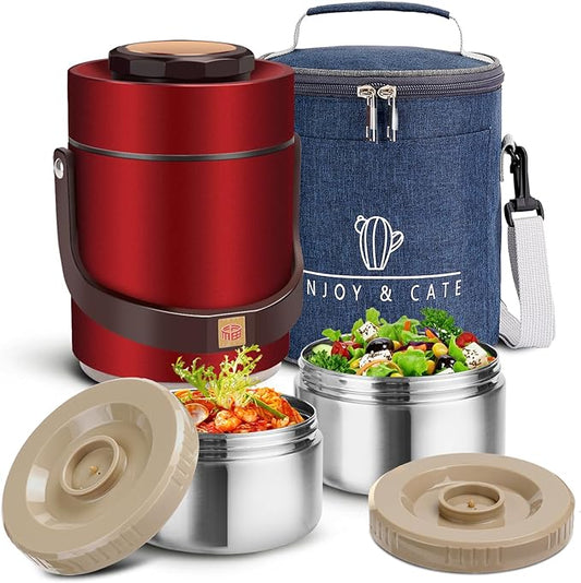 51 oz Adults Stainless Steel Vacuum Insulated Wide Mouth Soup Food Hot Food Jar with Keep Thermal Portable 2 Tier Stackable Bento Hot Food Containers Lunch Boxes (51 oz Red)