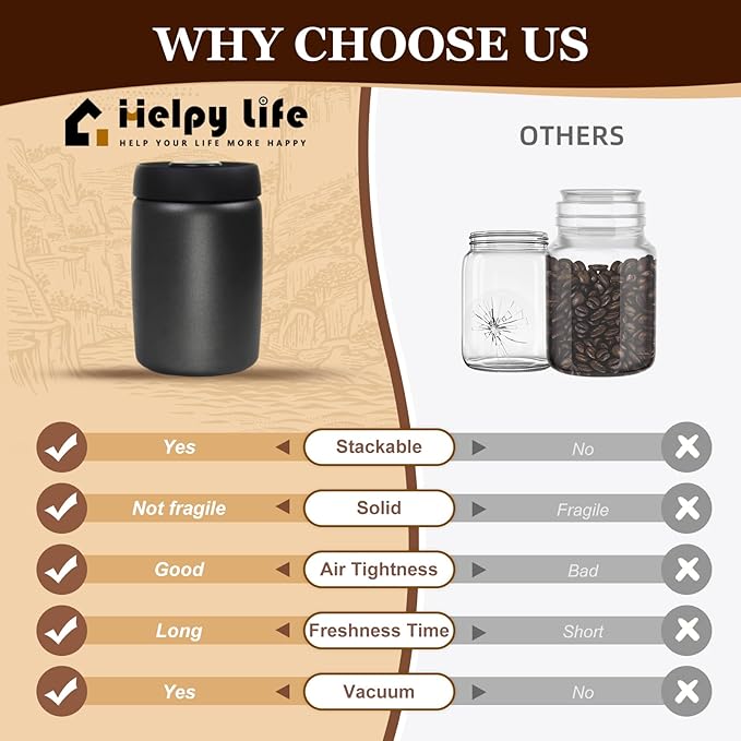 Coffee Vacuum Canister - 16oz Airtight Stainless Steel Food Storage | Press Out Excess Air, Perfect for Coffee Beans & Tea