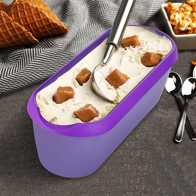 Patelai 2 Pieces Ice Cream Storage Containers with Lids and Non Slip Base Set 2.5 Quarts Ice Cream Tubs Reusable Homemade Ice Cream Container for Freezer (Green and Purple)