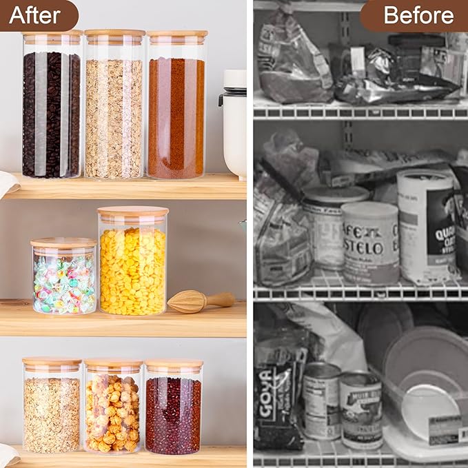 Glass Food Storage Jars, Food Containers with Airtight Bamboo Lids for Pasta, Cookies, Nuts, Coffee Beans, Cereal, Glass Canisters for Kitchen, Pantry Organization,Set of 4