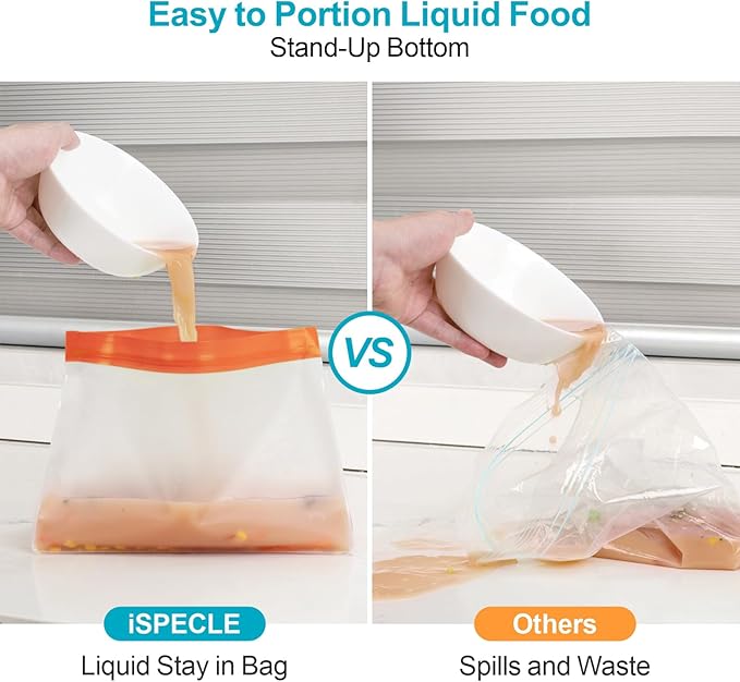 iSPECLE 10 Pack Freezer Bags - 3 Pack Gallon Bags 4 Pack Sandwich Bags 3 Pack Snack Bags BPA-Free Reusable Freezer Bags with Stand-Up Bottom and Label, Leakproof to Keep Frozen Food Fresh, Orange