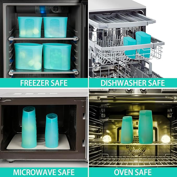 Reusable Sandwich & Snack Bags, 8 Pack 100% Silicone Food Storage Bags Stand Up Zip Lock for Food Container, Freezer Microwave Oven Dishwasher Safe, 4 Medium 4 Small, Aqua