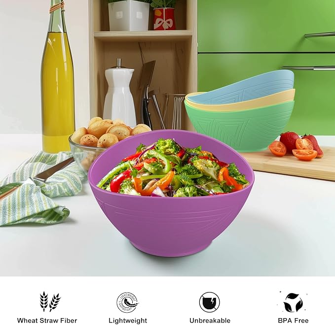 65 oz Large Wheat Straw Bowls Set of 4, Large Unbreakable Salad Bowls, Microwave & Dishwasher Safe Serving Bowls, Kitchen Bowls for Salad, Cereal, Soup and Oatmeal (Spring Series)