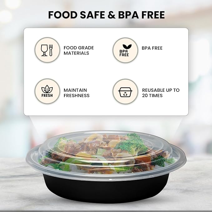 Klex 48 Oz, 150 Sets Meal Prep Containers with Airtight Lids, BPA Free, Reusable Plastic Food Container, 48 oz, Round, Black/Clear, 150 Sets