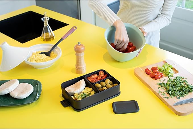 Brabantia Make & Take Bento Lunch Box (Dark Gray) 2 Compartments & Lidded Pot, Lift-Out Tray Divider, BPA-Free, Airtight Snap Locks, Microwave & Freezer Safe, Travel Meal Prep Container