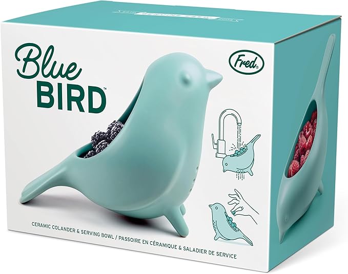 Genuine Fred BLUE BIRD Ceramic Colander, Charming, Unique Design, Berry Colander, Fun Kitchen Gadget