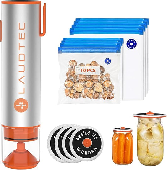 LAUDTEC 2-in-1 Handheld Vacuum Sealer for Food Storage Bags and Mason Jars (Vacuum Sealer + 10 Reusable Storage Bags + 4 Reusable Wide Mouth Jar Lids)