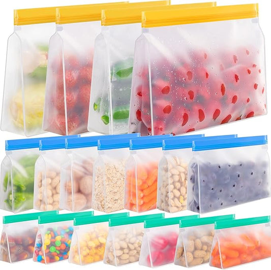 Dishwasher Safe Food Storage Bags Stand Up, Reusable Gallon Freezer Bags, Reusable Bags Various Size, Gallon Bags, Sandwich Bags, Snack Bags, Leakproof Reusable Silicone Bags (18Pack)