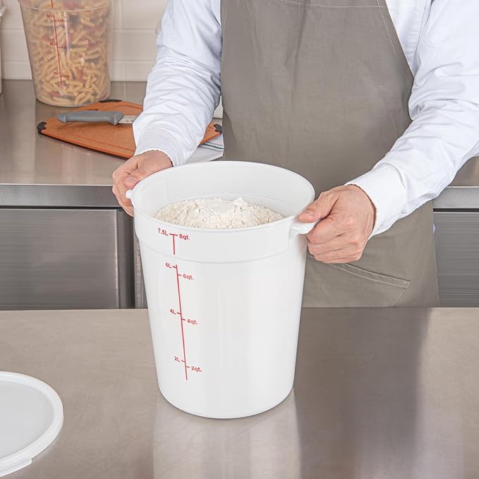 Restaurantware-Met Lux 8 Quart Food Storage Containers, 10 White Storage Containers - Lids Sold Separately, Red Volume Markers, Dishwashable Containers, Side Handles, For Storing Foods