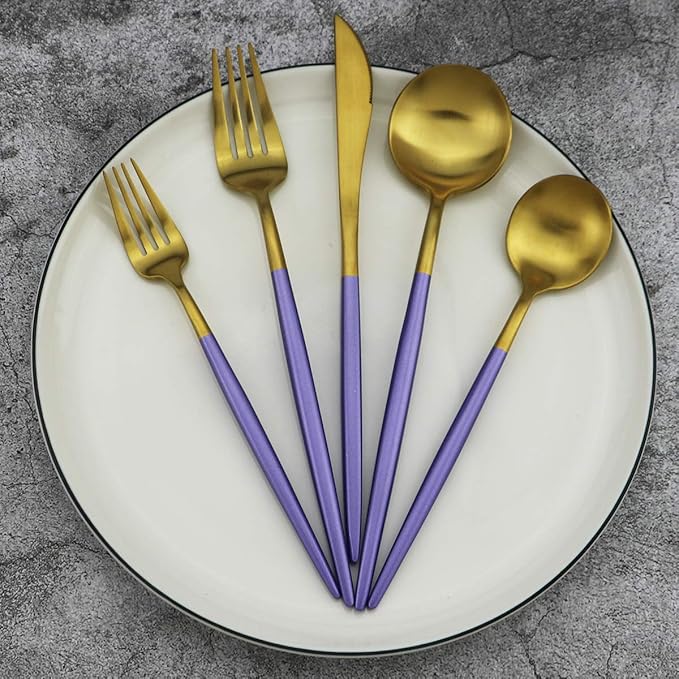 20-Piece 18/10 Stainless Steel Flatware Silverware, Luxury Dinnerware Set Travel Cutlery Tableware Include Knife Fork Spoon Service for 4, Dishwasher Safe (Purple Handle Matte Gold)