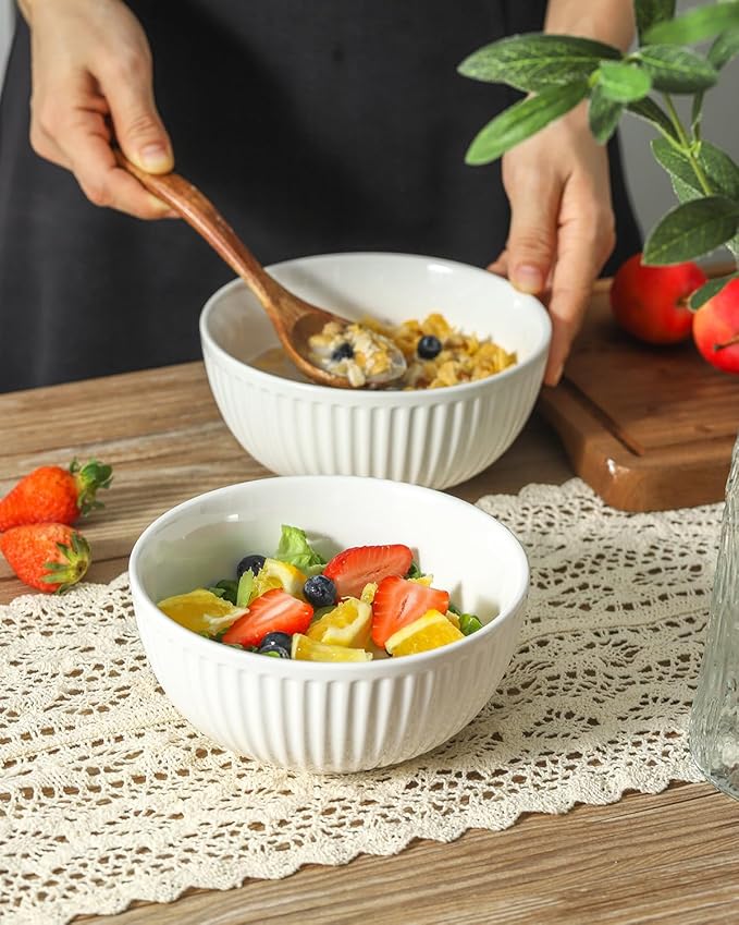 Hasense Ceramic Soup Bowls, 20 Ounces Cereal Bowls for Kitchen, 5.7 Inch White Serving Bowls Set for Salad Pasta Fruit Oatmeal, Rice Bowls with Striped, Microwave and Dishwasher Safe