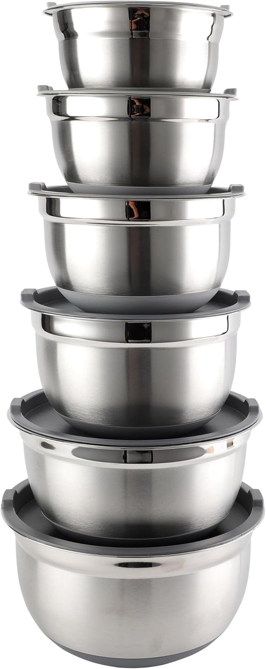 Country Kitchen Mixing Bowls with Airtight Lids - 12 piece Stainless Steel Metal Nesting Storage Bowls, Non-Slip Bottoms (Grey)