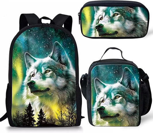 Dolyues Wolf School Backpack Bookbag with Lunch Box Pencil Case 3pcs Boys Backpacks Cool School Bookbag with Meal Bag Pen Bag for Kids Children