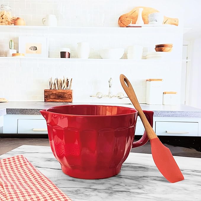UPware Latte Style Melamine Batter Bowl with Pour Spout, Handle and Non-Slip Base, Grip Handle for Easy Mix and Pour, Home Essentials Cooking and Baking Tools, 4.3 quart, 11.5 x 8.75 Inch, Red