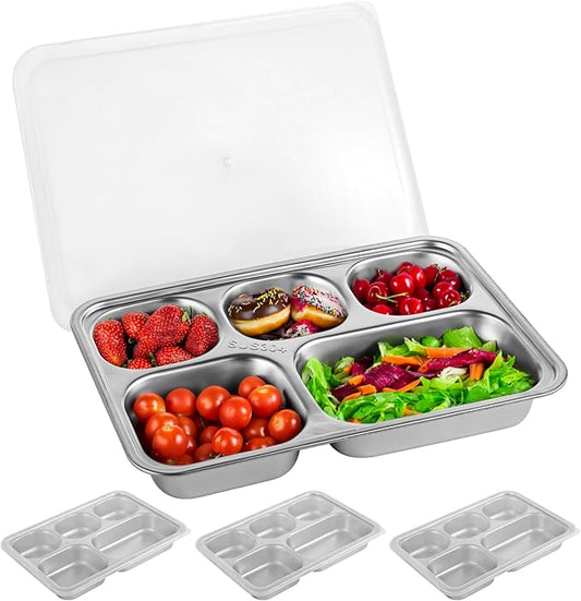 3 Pack Stainless Steel Snack Containers with Lids, 5-Compartment Reusable Meal Prep Lunch Trays with PP Lids, Divided Food Storage Container for Cafeteria Restaurant Travel, 10.2 in x 7.1 in x 1.6 in
