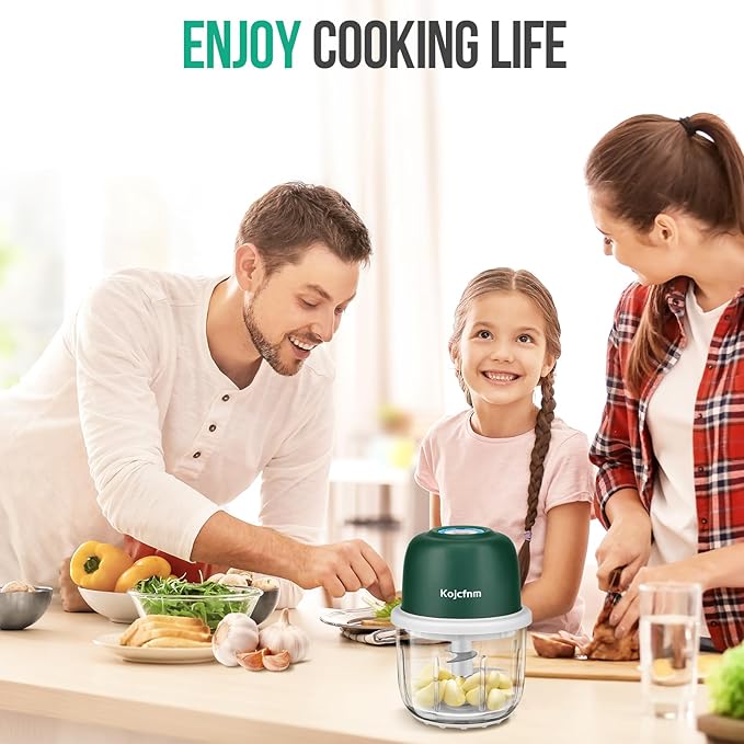 Electronic mini Food Slicer, Garlic Chopper, Small Vegetable Processor, Wireless Rechargeable Dicer, Veggie Rolling Blender, Spice Masher, Onion Cut Mincer, 350ml Glass Bowl, 6 Blades, Dark Green.