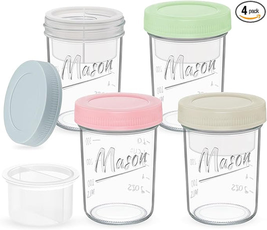 16 oz Overnight Oats Containers with Lids, 4-Pack Leak-Proof Wide Mouth Mason Jars & Separate Compartments for Fruits/Nuts, Airtight Glass Jars for Chia Pudding, Yogurt, Parfait and Salad