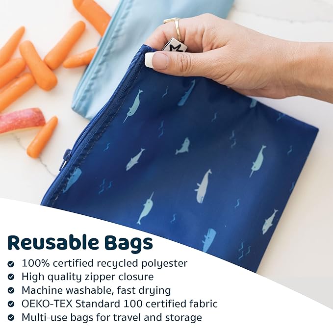Tiny Twinkle 3 Pack Reusable Snack Bags - Machine Washable, PFAS, PVC, BPA, Phthalate-Free Reusable Baby and Toddler Food Safe Snack Bags (Ocean)