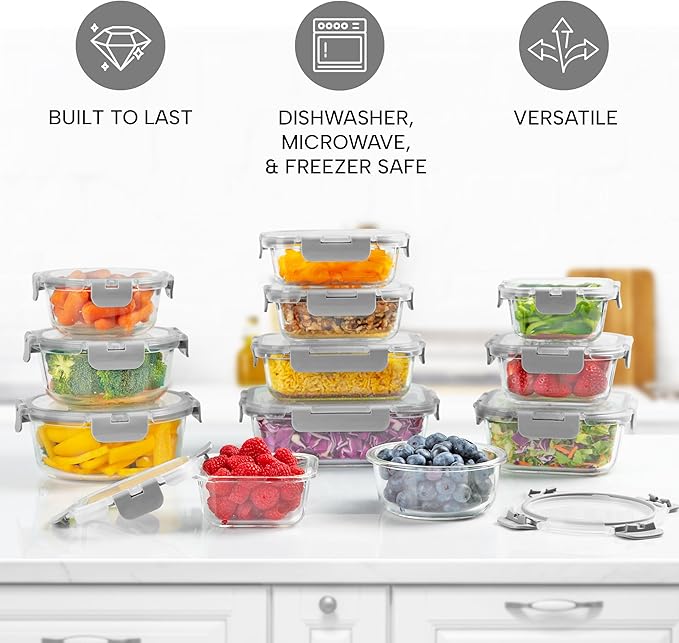 Zulay Kitchen 12 Pack Glass Meal Prep Containers with Lids - Airtight, Premium Borosilicate Glass Food Storage Containers - Microwave, Freezer & Oven Safe, BPA Free - Gray