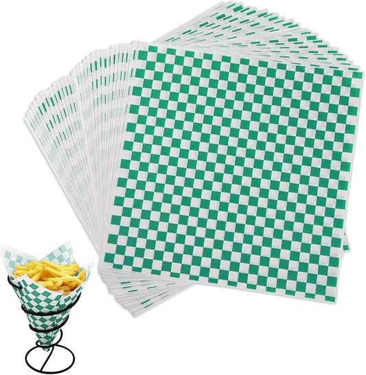 GeeRic Waxed Deli Paper Sheets 12 * 12 Inch, 200 Pcs Food Basket Liners for Sandwiches, Burgers, Checkered Deli Wrap Wax Paper Sheets Green