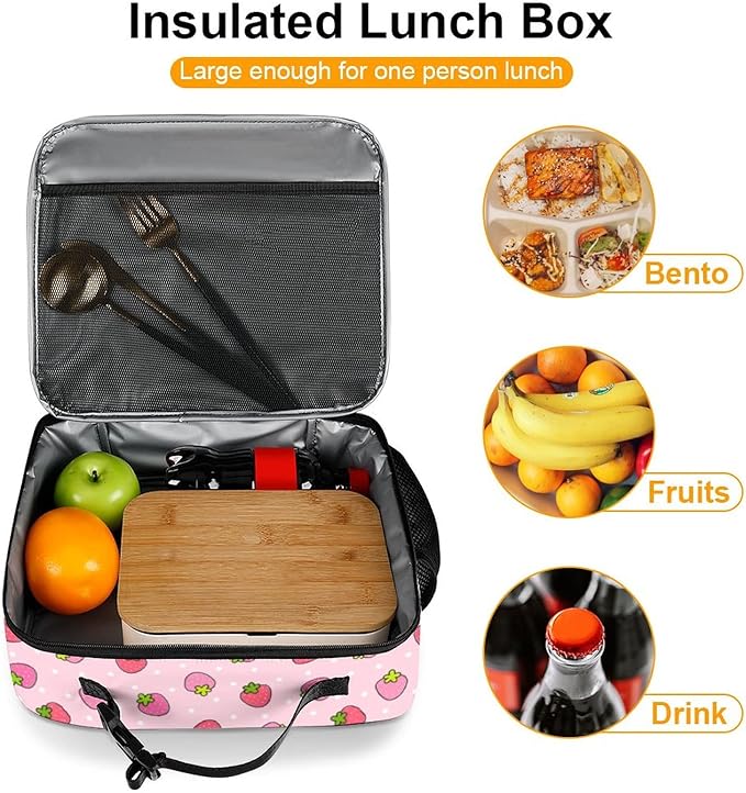 Strawberry Reusable Lunch Box Insulated Lunch Bag Cooler Bag Lunchbox Meal Food Container Tote Bag for Women Kids Girls School Camping Hiking Picnic Beach Travel