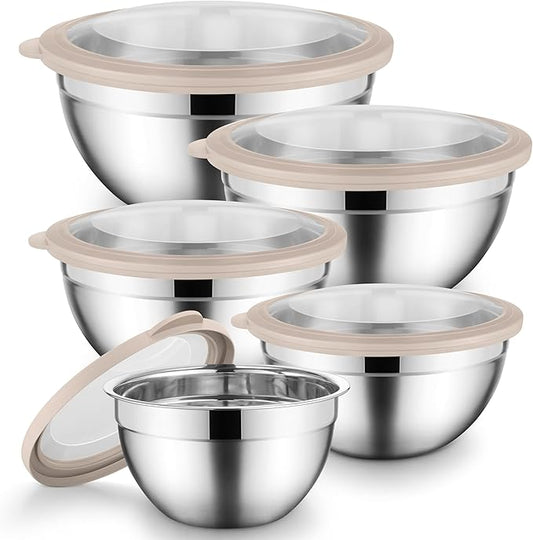 Mixing Bowl Set of 5 for Kitchen Stainless Steel Metal Nesting Mixing Bowls with Khaki Lids – Size 1.5, 2, 2.6, 3.5, 4.6QT