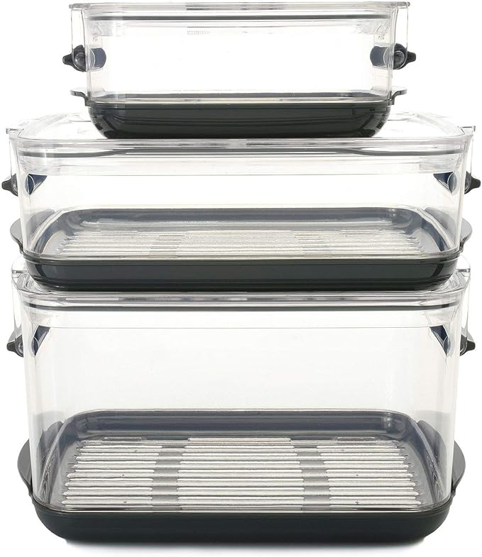 Progressive International Prepworks ProKeeper Food Storage Container Set, 3 Piece, Clear Containers with Gray Sealed Tight Lids