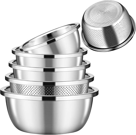 salad-bowls,5PCS Meal Prep Stainless Steel Mixing Bowls Set, and Kitchen Food Storage Organizers | Ecofriendly, Cooking and Storage Nesting Dough, Kitchen Stainless Steel Microporous Colander