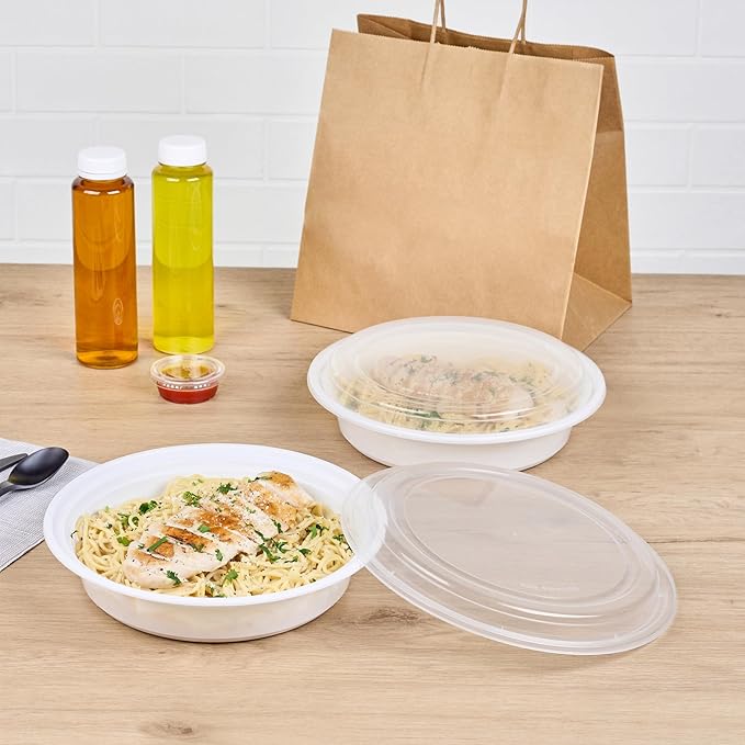 Restaurantware Asporto 48 Ounce To Go Boxes 100 Microwavable Take Out Food Containers - Clear Plastic Lids Included Do Not Contain BPA White Plastic Catering Food Containers Disposable Round