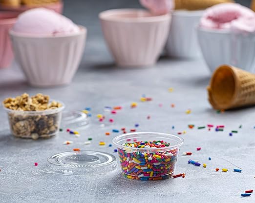 Clear Disposable Plastic Portion Cups With Lids (200 Sets - 2 Oz) - Disposable Condiment Cups, Sauce/Dip/Dressing Cups, Souffle Cups & Jello Shot Cups With Lids | Great Sampling Container
