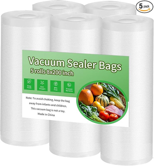 Premium Vacuum Sealer Bags, 8x 200 inches, 5 count. Airtight food saver bags rolls, BPA Free & Heavy Duty Vacuum Freezer Bags. Commercial Grade, Sous Vide or Meal prep