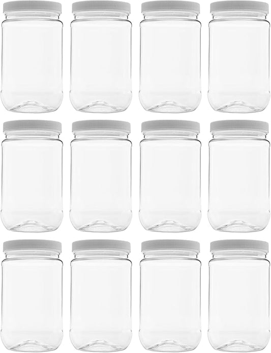 12 Pack of 16 Ounce Plastic Pint Jars with 70RG Leak Proof Seal Lid - Food Grade and BPA Free (16oz, 12pk)