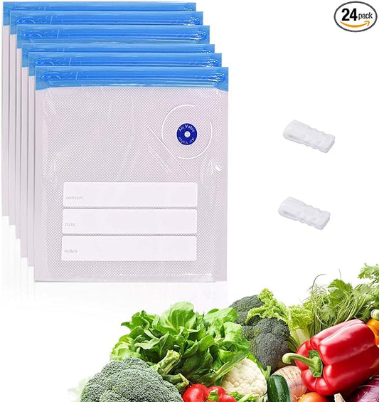 Sous Vide Bags Vacuum Zipper Sealer Bag for Food 24 PCS, Reusable Vacuum Seal Bags with Sealing Clips for Sous Vide Cooking,Freezer Safe,Microwave Heating and Food Storage(8"X9")