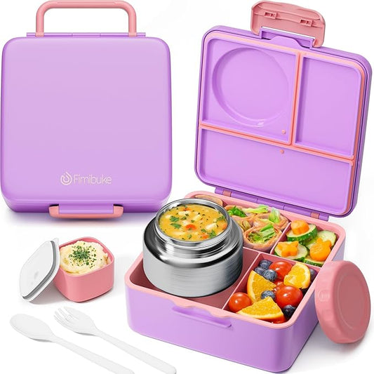 Fimibuke Bento Box for Kids with Thermos, 60OZ Bento Lunch Box Container with Leakproof 8OZ Insulated Food Jar, 3-4 Compartments, Sauce Jar, Utensils for Teens Toddler Adult, BPA-Free, Dishwasher Safe