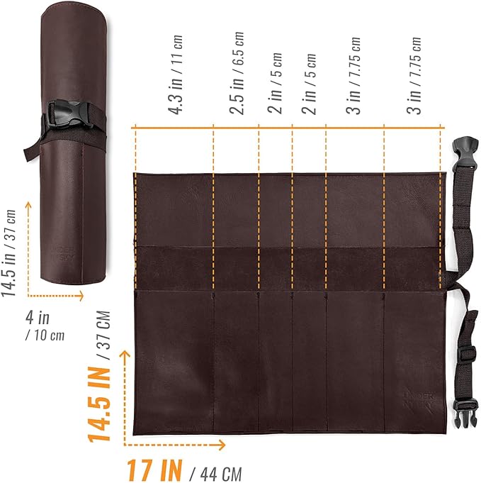 Under NY Sky Genuine Leather Knife Roll Case - 6 Slots - Real Leather Pouch - Portable Bag for Cooking Tools, Utensils, Cutlery Knives, Brushes - Chefs, Kitchen, Travel, Gift - Brown