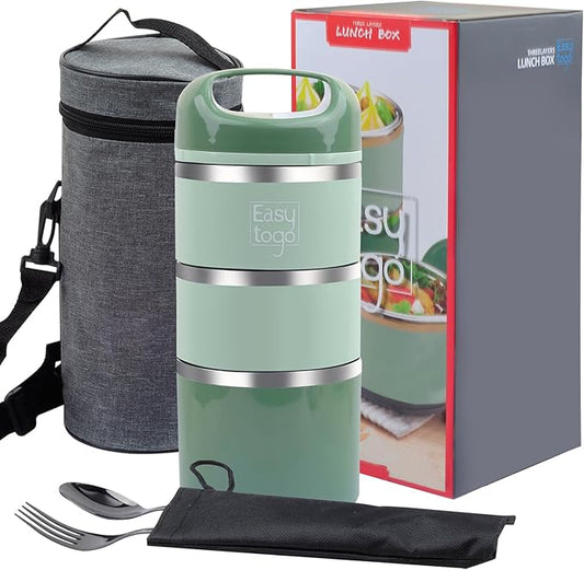 3 Tier Lunch Box 43Oz-Green Stainless Steel Stackable Lunch Box with Lunch Bag & Cutlery Set, Portable Lunchbox, Portion Control Meal Prep Togo Lunch Containers for Adults, Women, Men