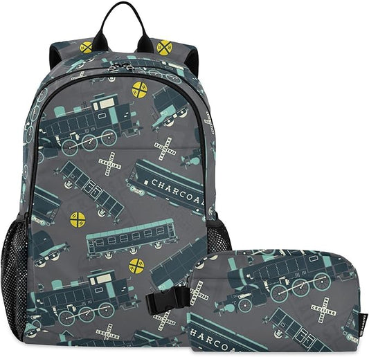 Cartoon Train Kids Backpack for Girls Boys School Bookbag with Insulated Lunch Box for Elementary Primary Schooler School Backpack