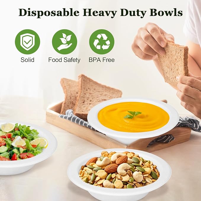 12 oz Disposable Paper Bowls, 150 Pack Bowls Disposable Heavy Duty, Compostable Paper Bowl With White Bagasse, Biodegradable Soup Bowls for Salad, Ice Cream, Dessert